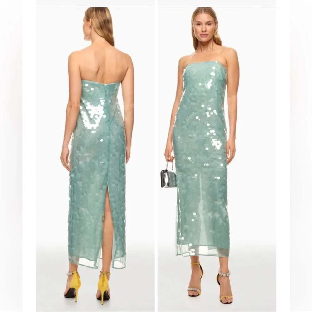 STAUD Casey Strapless Sequin Midi Dress in Mist Aqua Size 8 - Picture 1 of 17